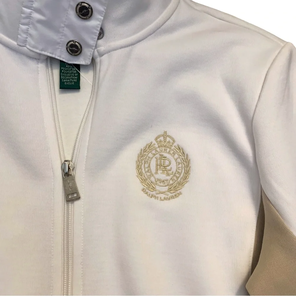 Active Ralph Lauren White Tan Sport Zip Jacket Small Petite Cotton Preppy Tennis - Picture 3 of 10